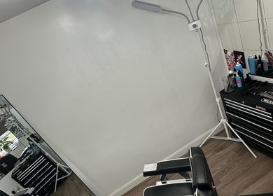 Modern beautician station at U B U Creative, Burntwood, England, GB, featuring tools and a large mirror.