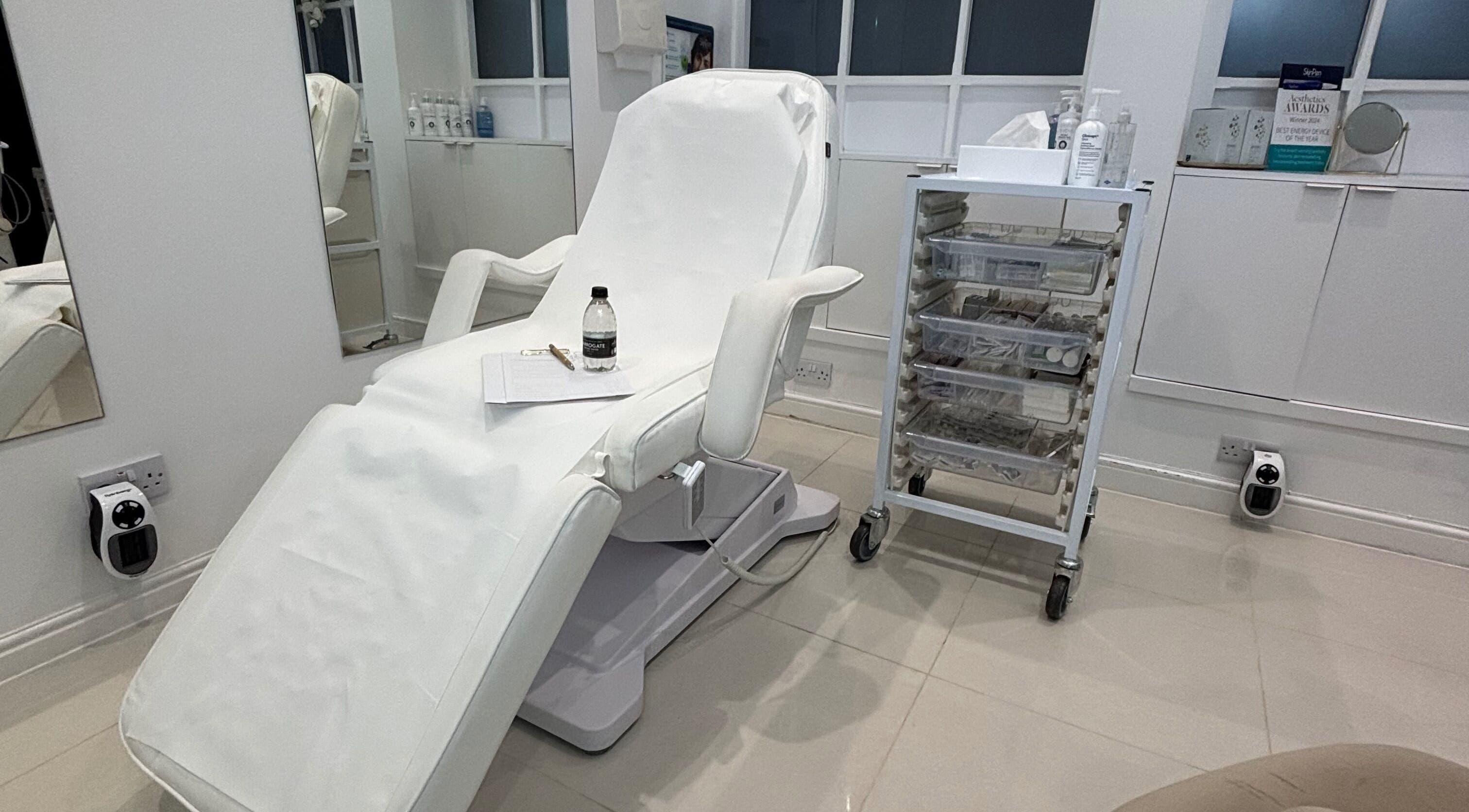 Luxurious treatment room at Hifu Clinics UK Harrogate, featuring a white spa chair in Harrogate, England, GB.