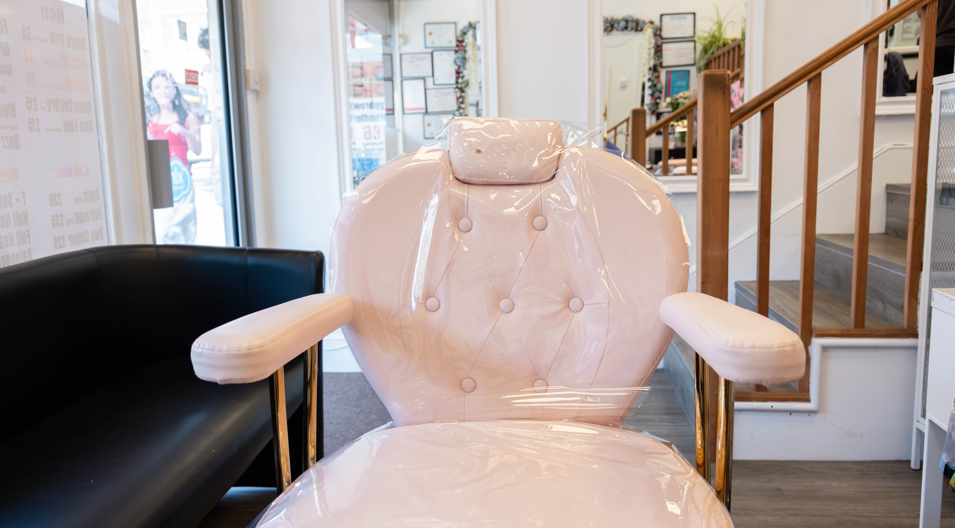 Luxurious blush beauty chair at HR Glow Co, London, England, GB, providing relaxing wellness experiences.