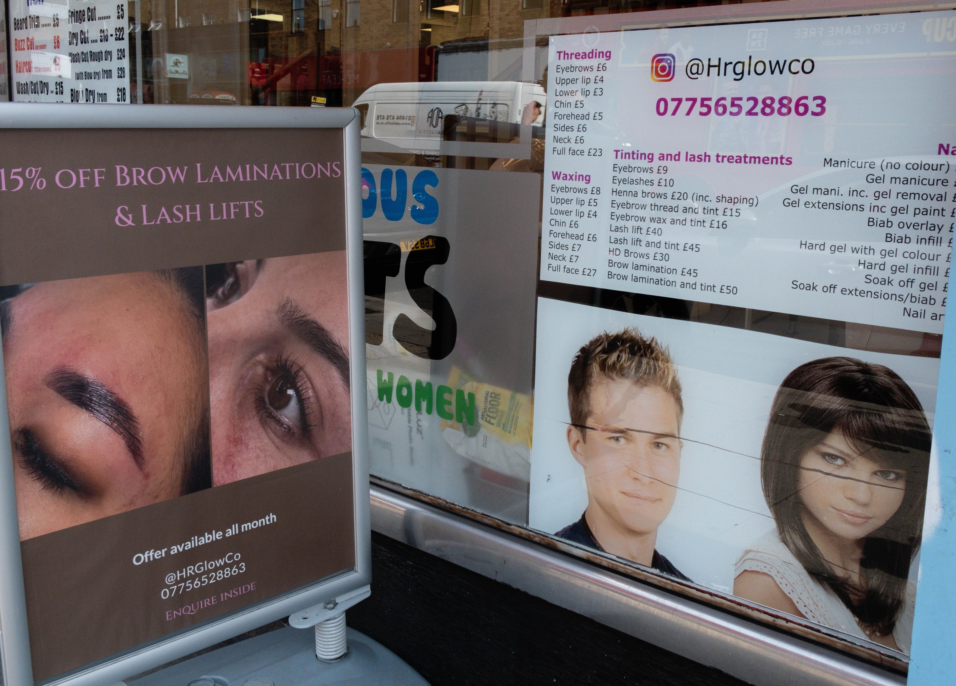 HR Glow Co storefront in London, England, GB, showcasing 15% off brow lamination and lash lifts.
