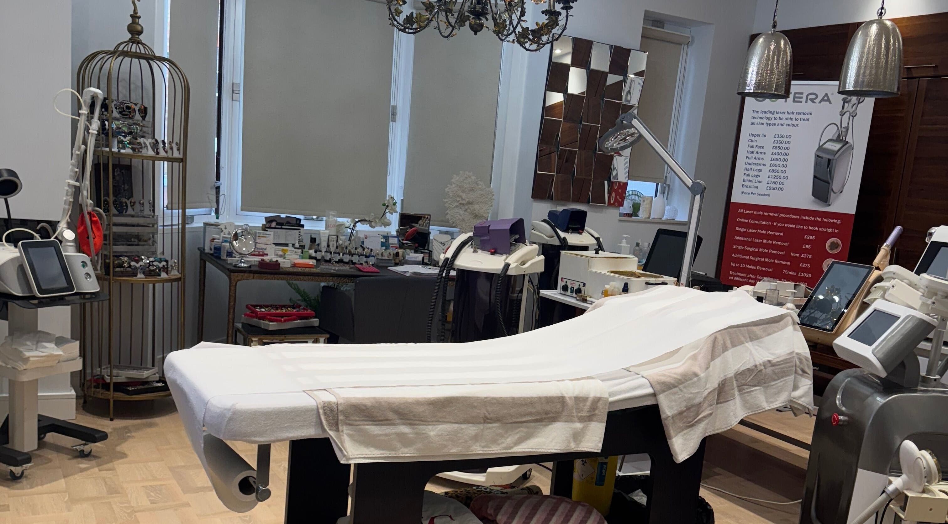 Interior of Sabrina Aesthetic in London, England, GB showcasing treatment room with modern equipment.