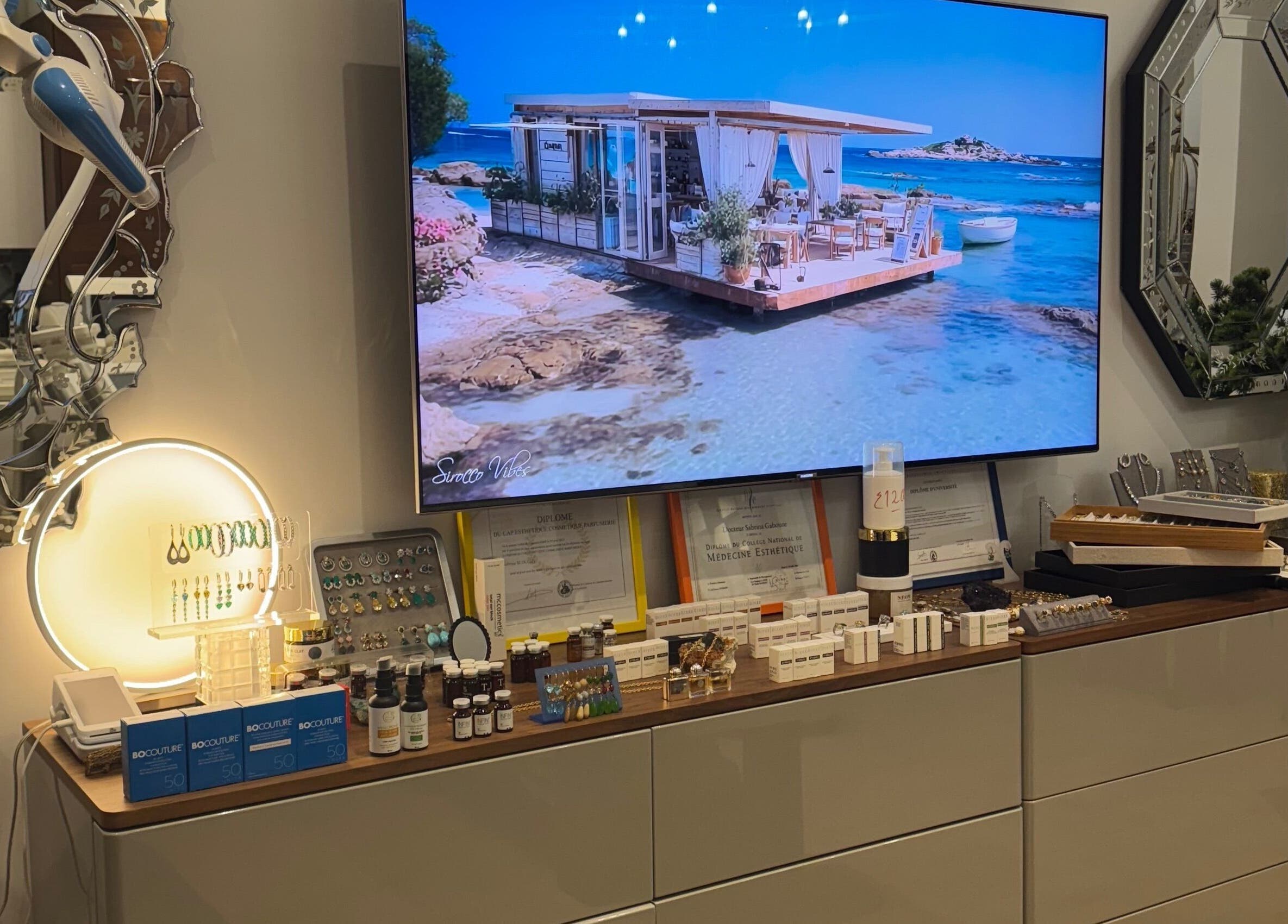 Interior of Sabrina Aesthetic in London, England, GB, showcasing elegant decor and beauty products.