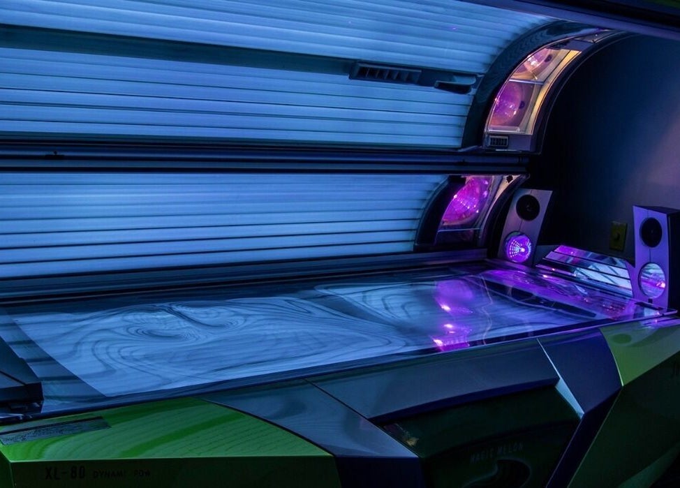 High-tech tanning bed at Tuscany Studio, Hamilton, Ontario, CA, offering a premium tanning experience.
