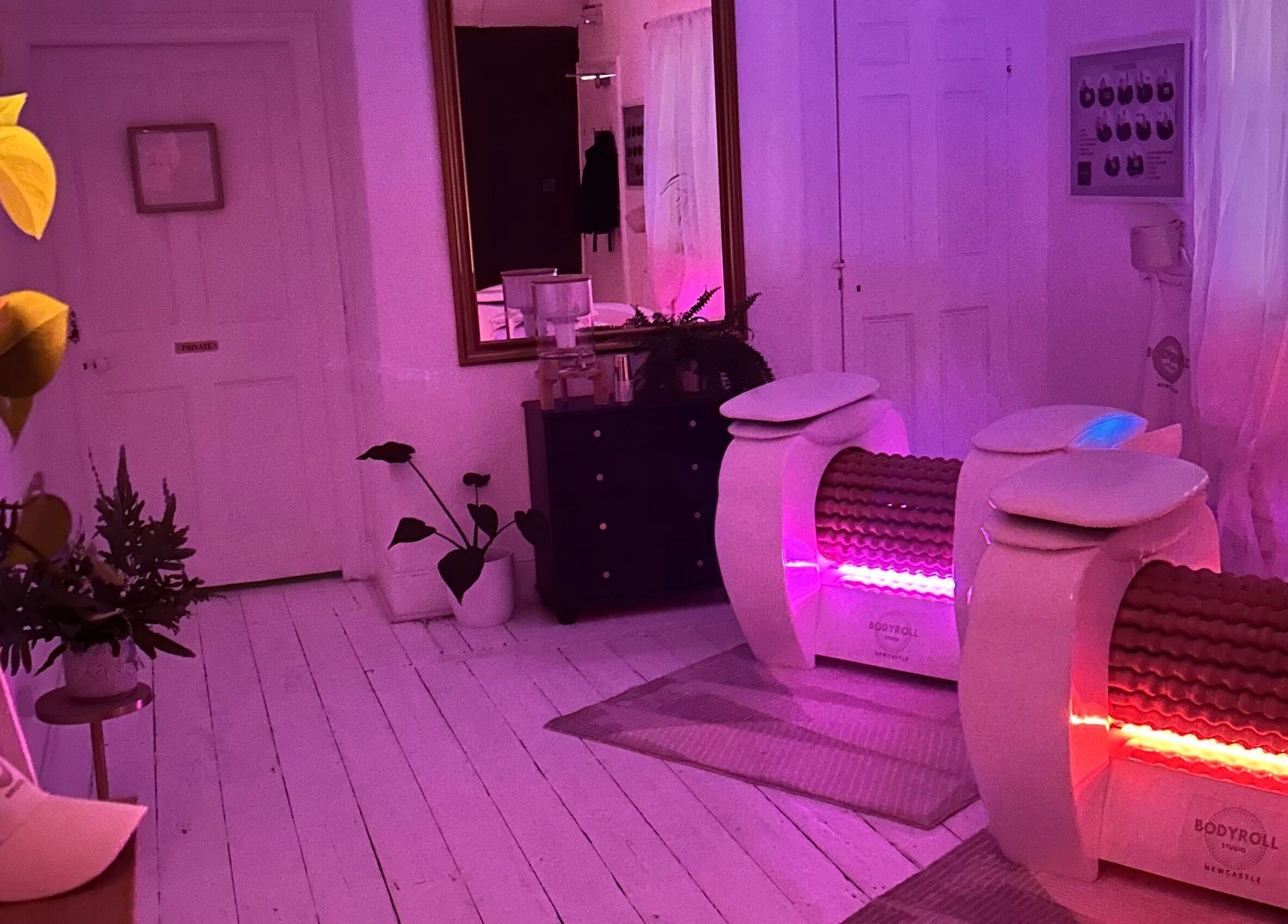 Warm-lit relaxing room at Bodyroll Studio Newcastle Ltd, Newcastle upon Tyne, England, GB featuring advanced bodyroll machines.