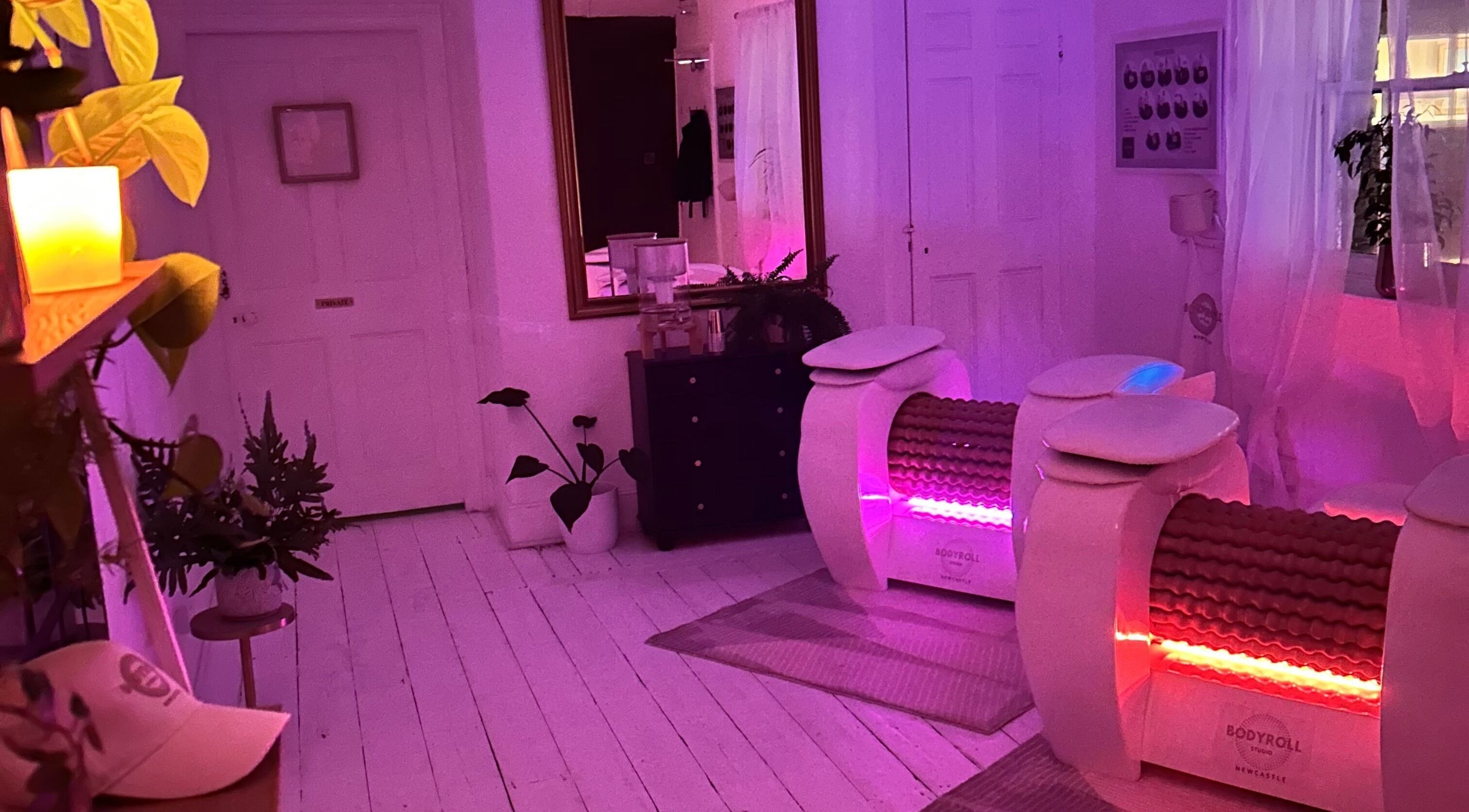 Warm-lit relaxing room at Bodyroll Studio Newcastle Ltd, Newcastle upon Tyne, England, GB featuring advanced bodyroll machines.