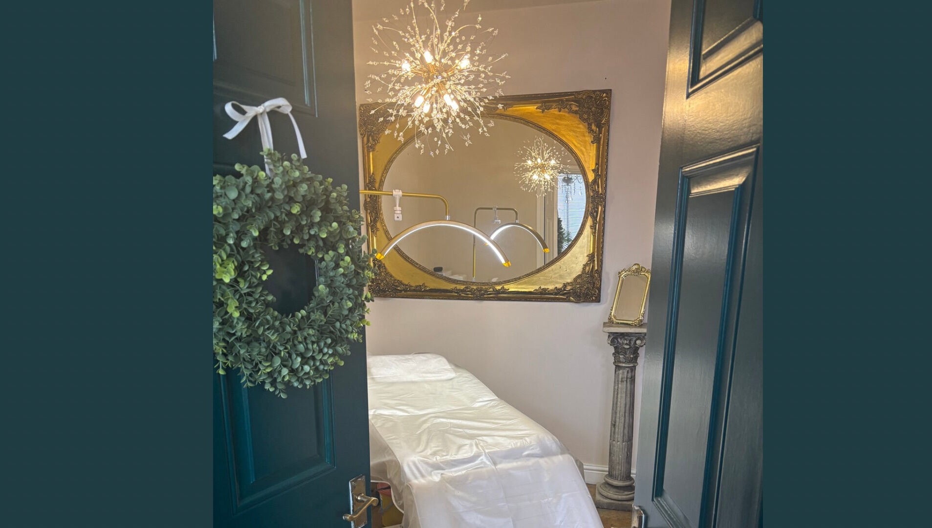 Luxurious treatment room at Skin by Steph, Market Drayton, England, GB with elegant decor and lighting.