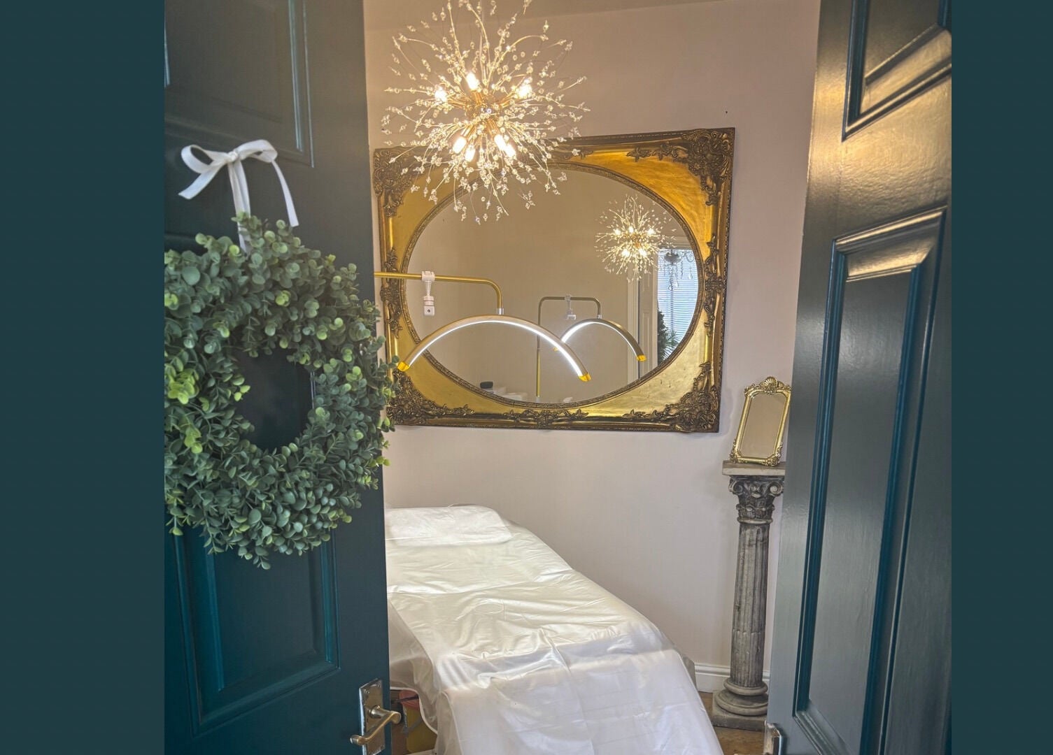 Luxurious treatment room at Skin by Steph, Market Drayton, England, GB with elegant decor and lighting.