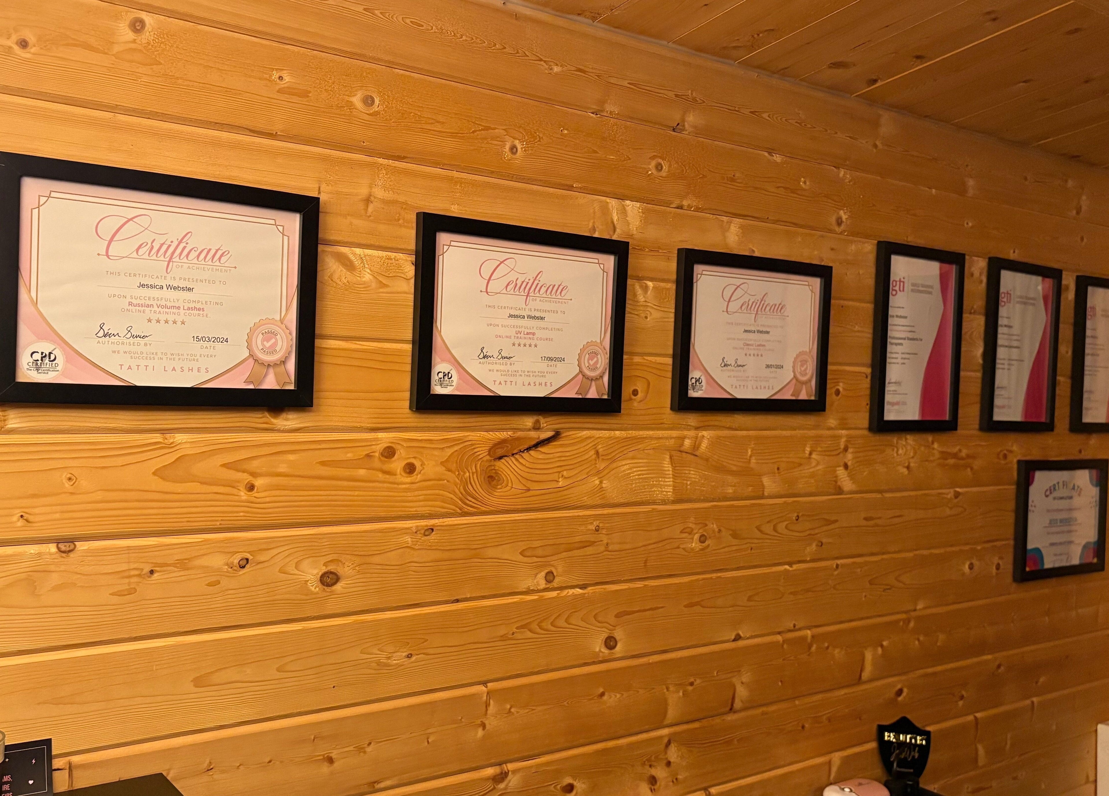 Certificates displayed at Beauty by Jess Web, Nuneaton, United Kingdom, GB highlighting expertise.