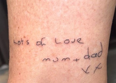 Handwritten text tattoo 'Lots of Love, mum + dad' at Finelines by Fern Tattoo, Wickford, England, GB.