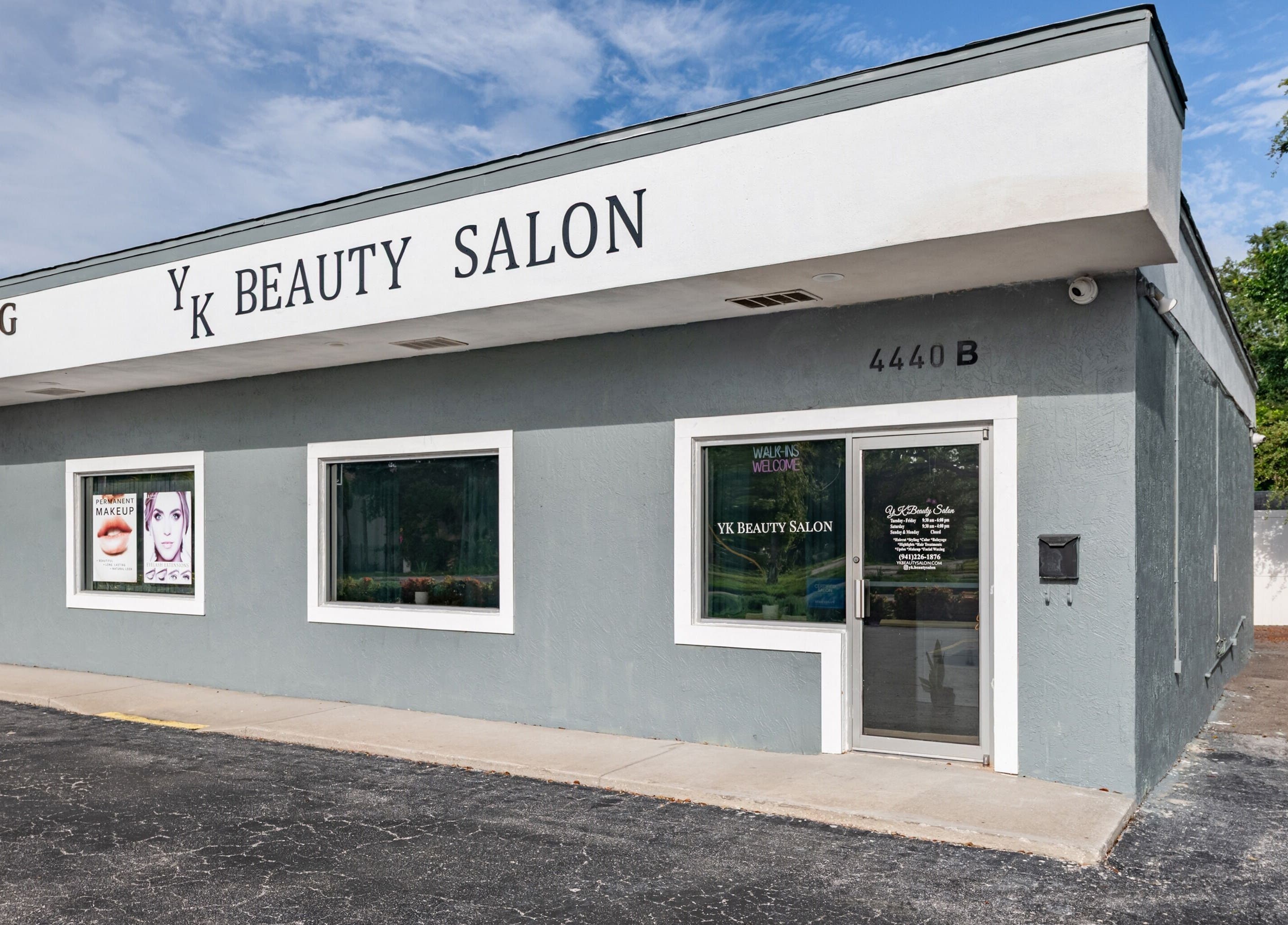 Exterior view of YK Beauty Salon in Bradenton, Florida, US showcasing modern design and inviting entrance.