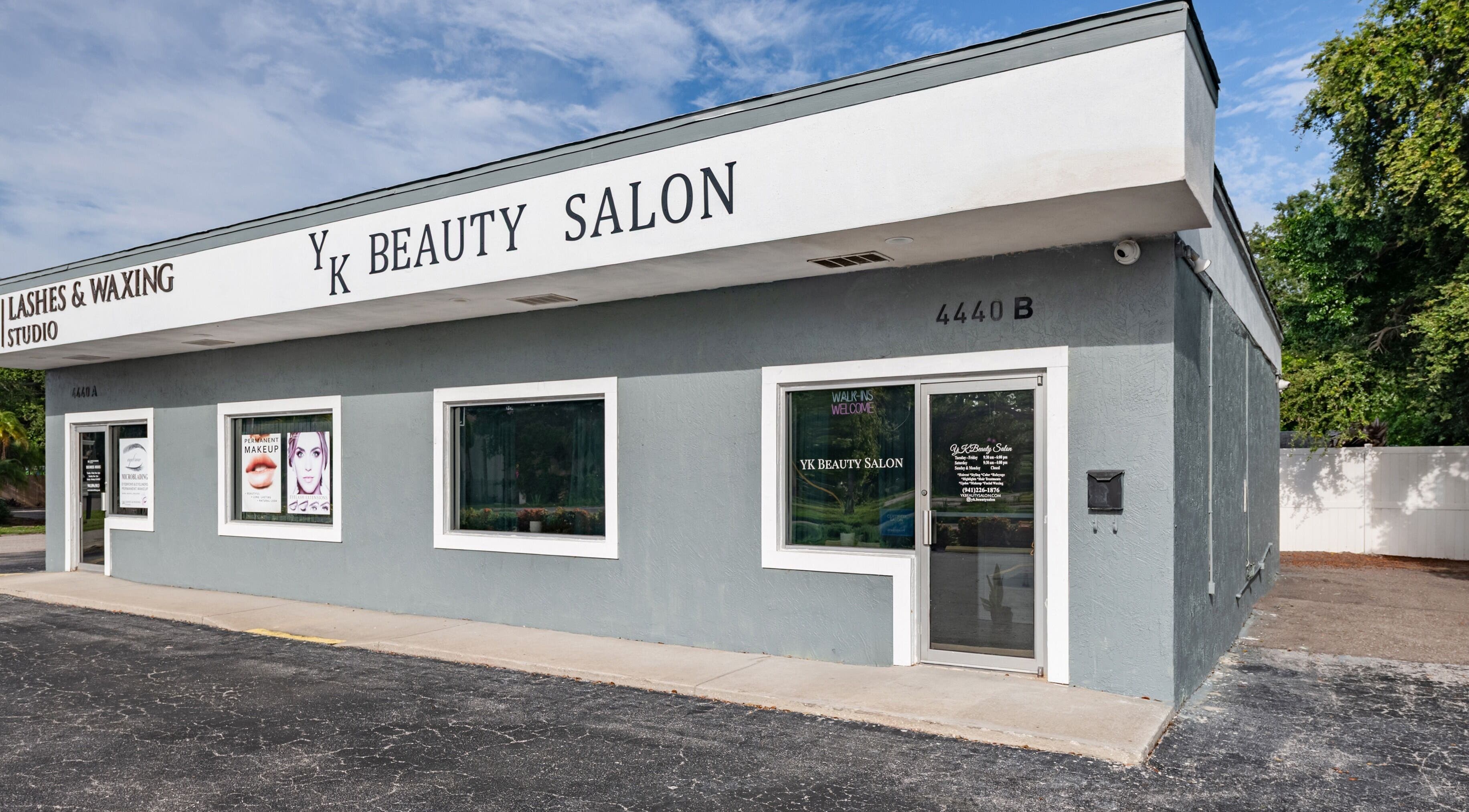 Exterior view of YK Beauty Salon in Bradenton, Florida, US showcasing modern design and inviting entrance.