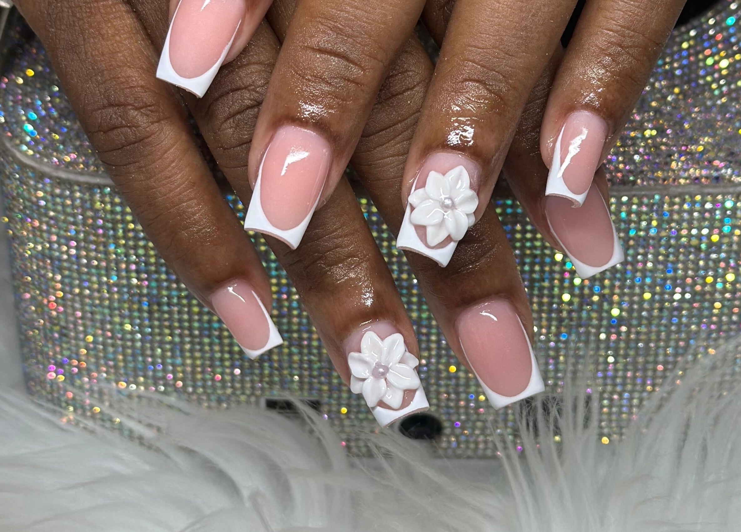 French manicure with floral design at Beauty by Asr, Bridgetown, Saint Michael, BB.