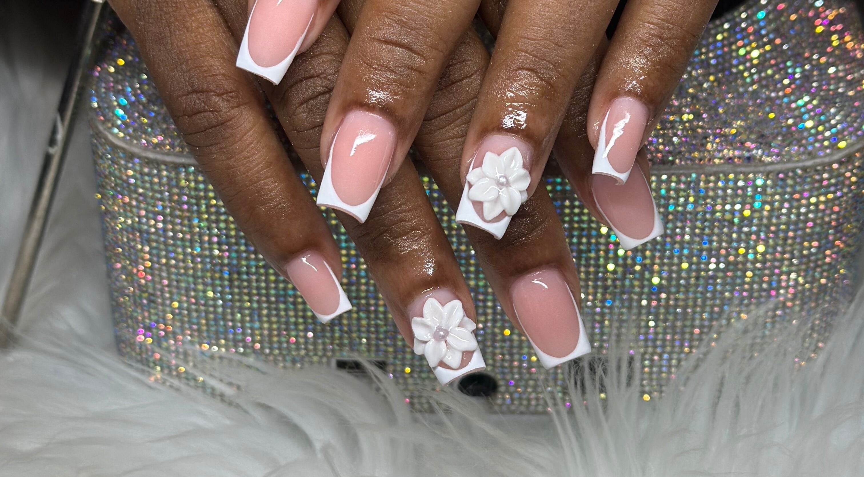 French manicure with floral design at Beauty by Asr, Bridgetown, Saint Michael, BB.