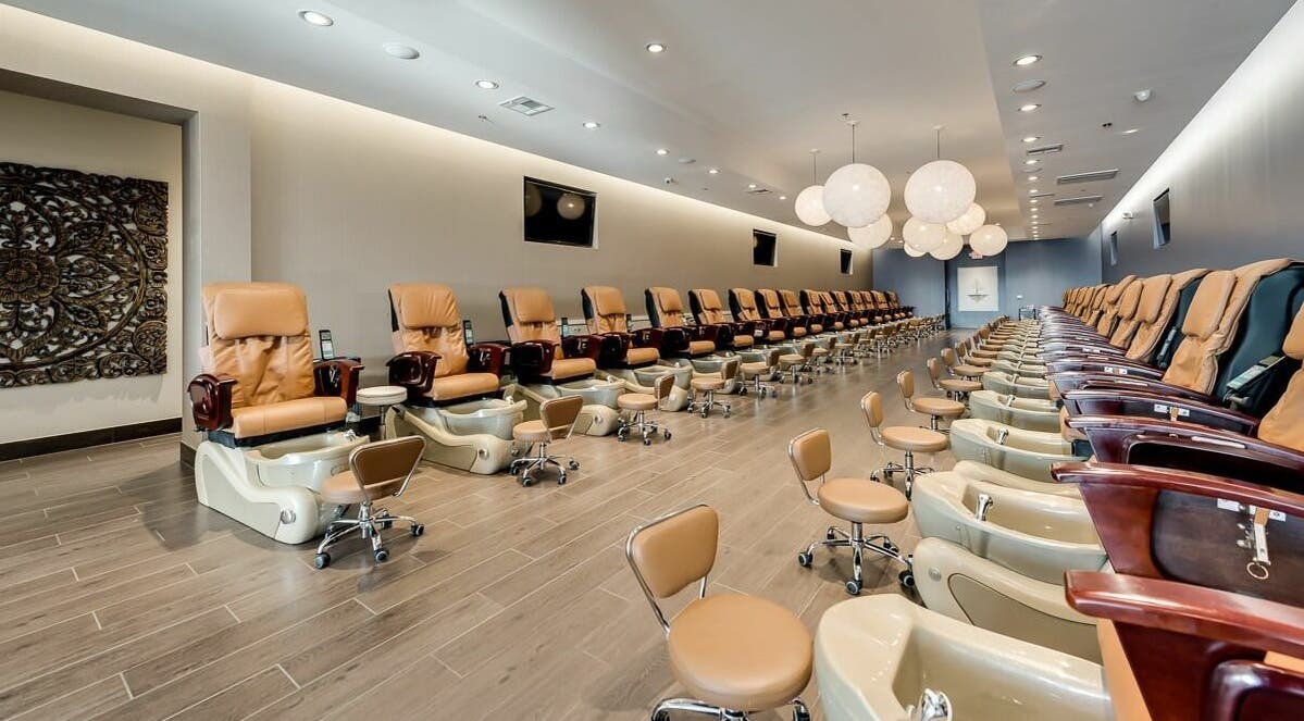 Spacious, elegant pedicure chairs at Nail Lounge in Allen, Texas, US, offering luxurious beauty treatments.