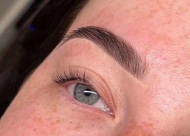 Close-up of elegantly shaped eyebrows at Browed by Sian, Melbourne, Victoria, AU.