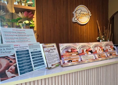 Simply Serenity Family Spa Dasmariñas showcases spa packages and soft opening promos at their reception.