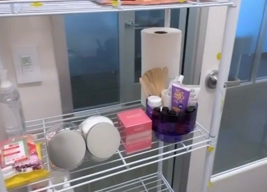 Beauty products displayed on a shelf at Dyamond Sculpted in Rancho Cucamonga, California, US.