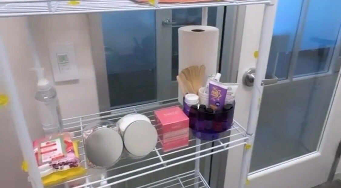 Beauty products displayed on a shelf at Dyamond Sculpted in Rancho Cucamonga, California, US.
