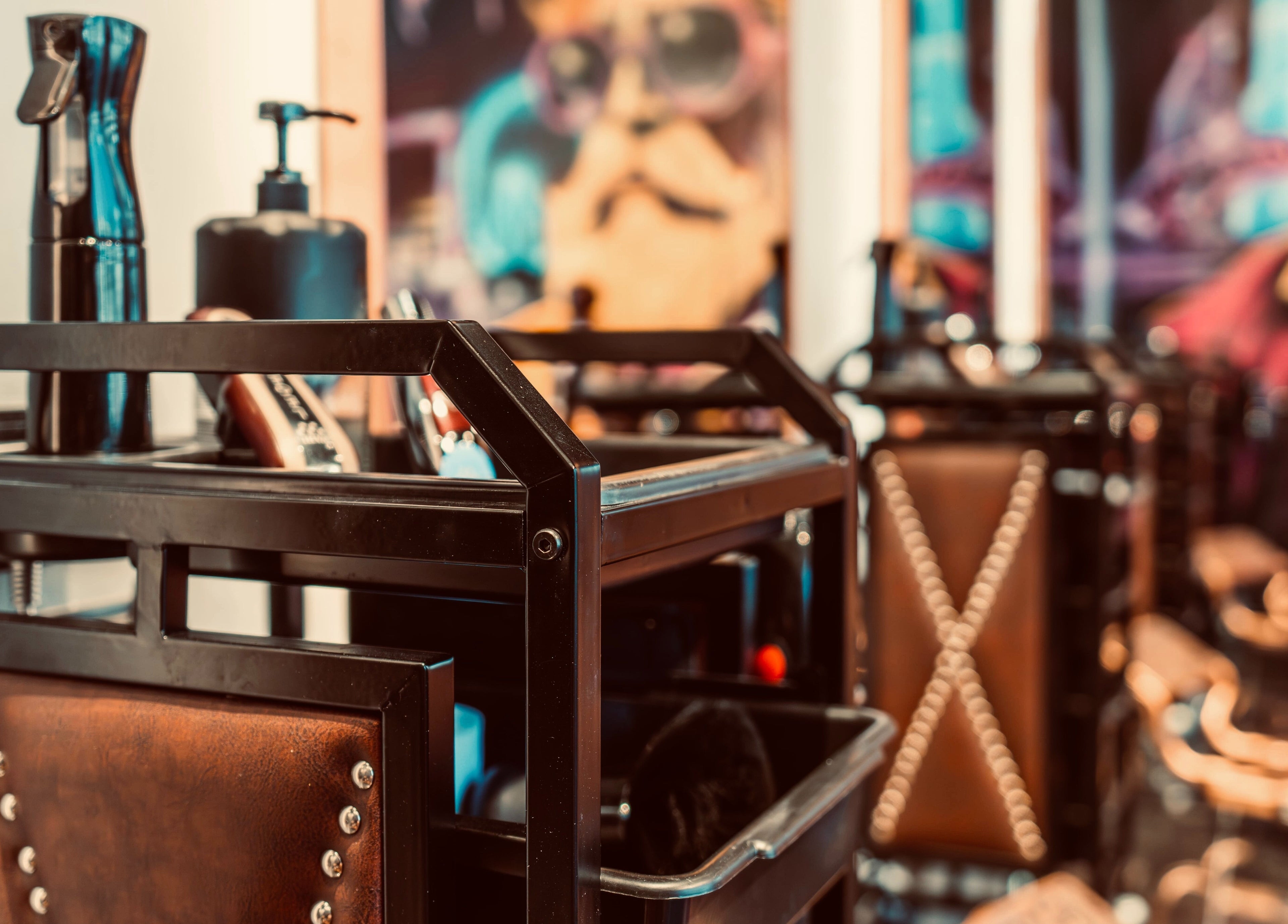 Stylish barber tools at Let's Fade Bespoke, Dubai, Dubai, AE, with leather accents and decor.