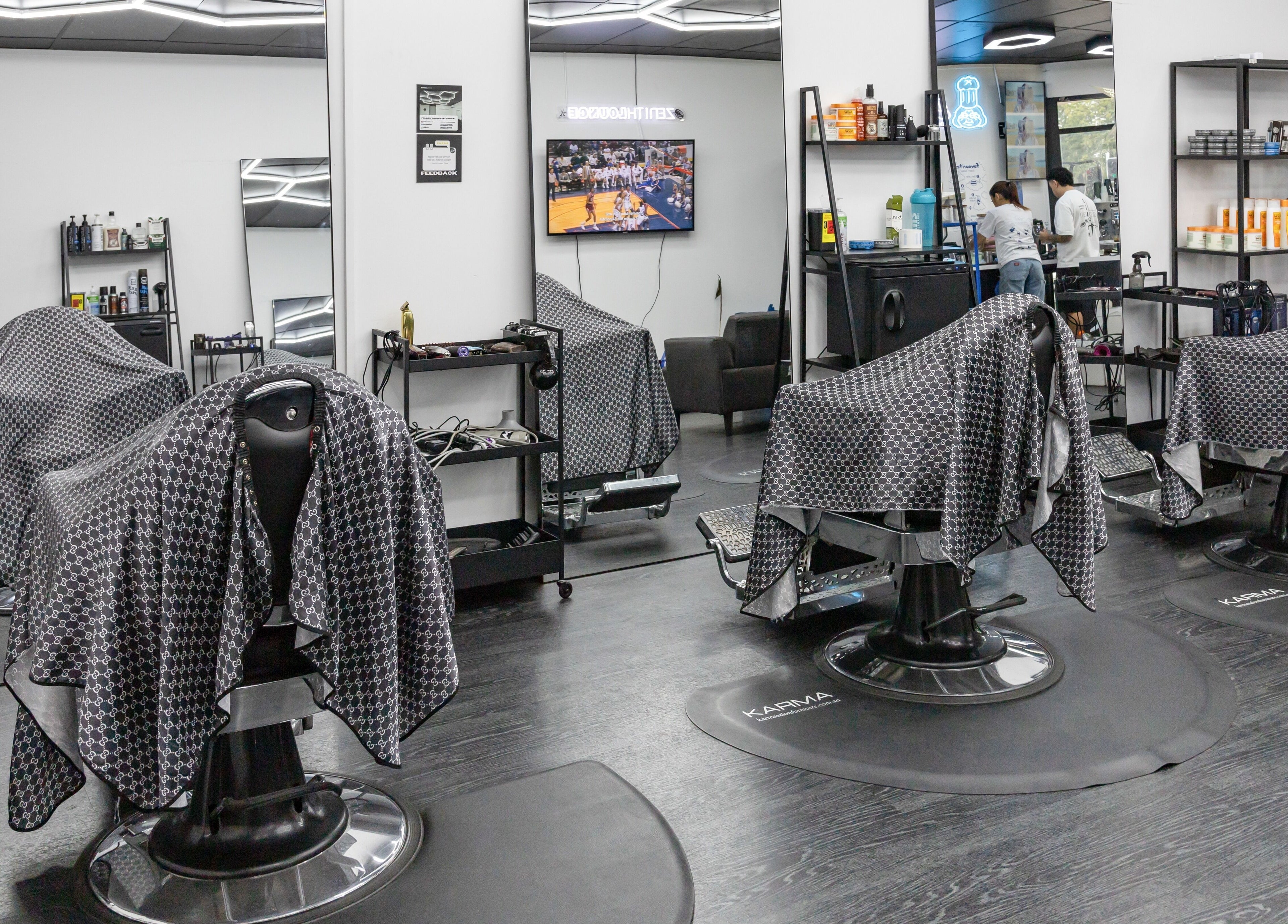Elegant interior of Zenith Lounge Barber & Cafe Tarragindi, showcasing barber chairs in Tarragindi, QLD, AU.