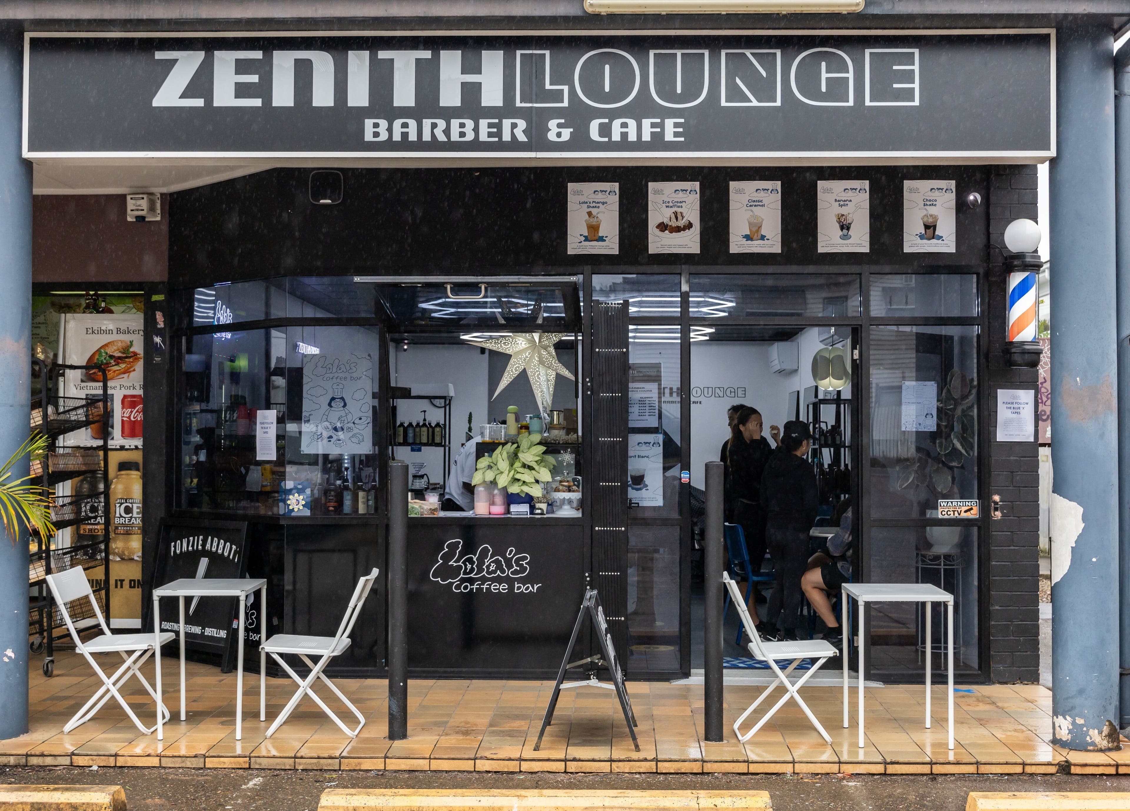 Front of Zenith Lounge Barber & Cafe Tarragindi, showcasing stylish outdoor seating in Tarragindi, QLD, AU.