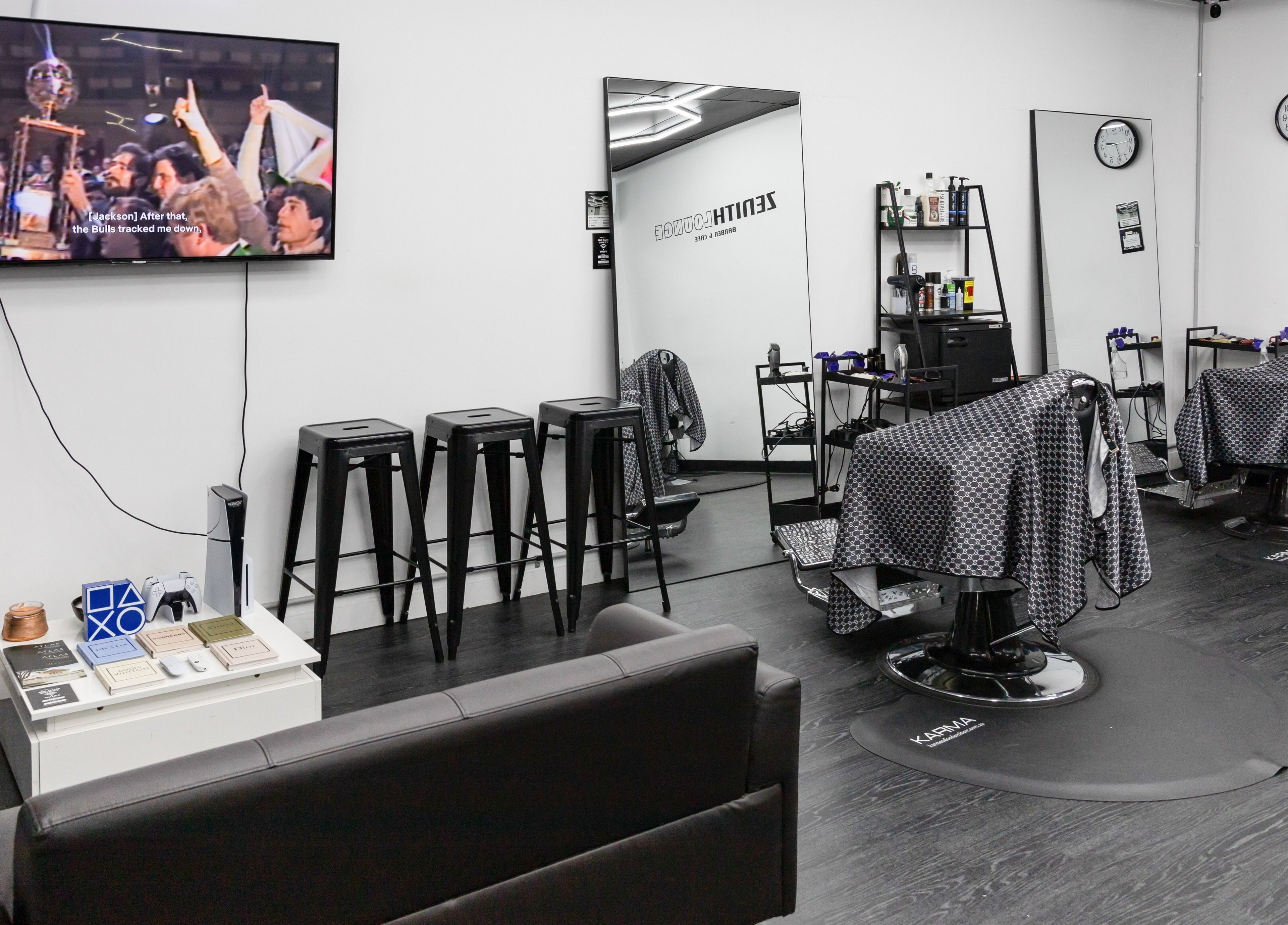 Modern interior of Zenith Lounge Barber & Cafe Tarragindi, showcasing sleek barber chairs in Tarragindi, QLD, AU.