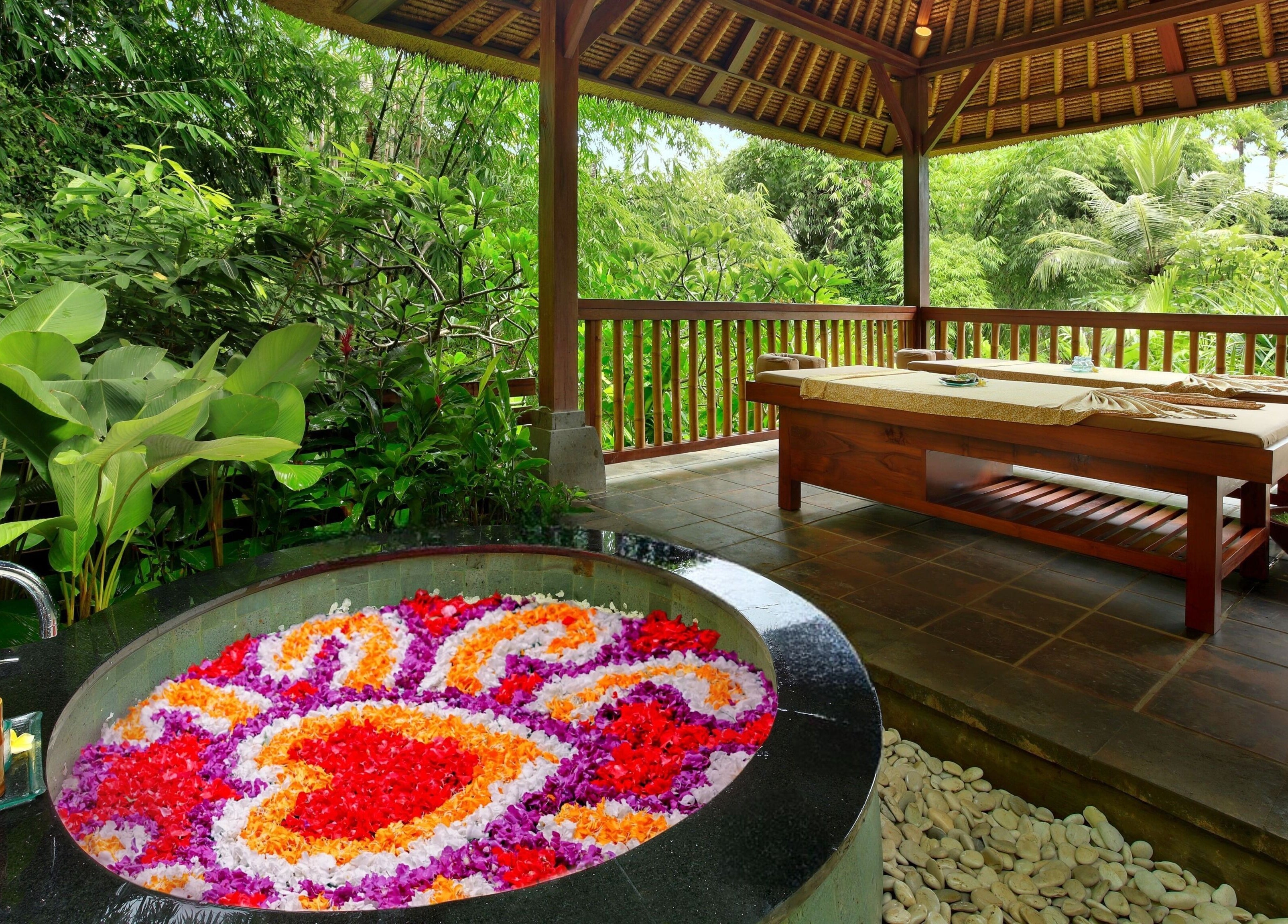 Luxurious spa setting with flower bath at Mahamaya Spa, Ubud Nyuh Bali Resort, Bali, Bali, ID.