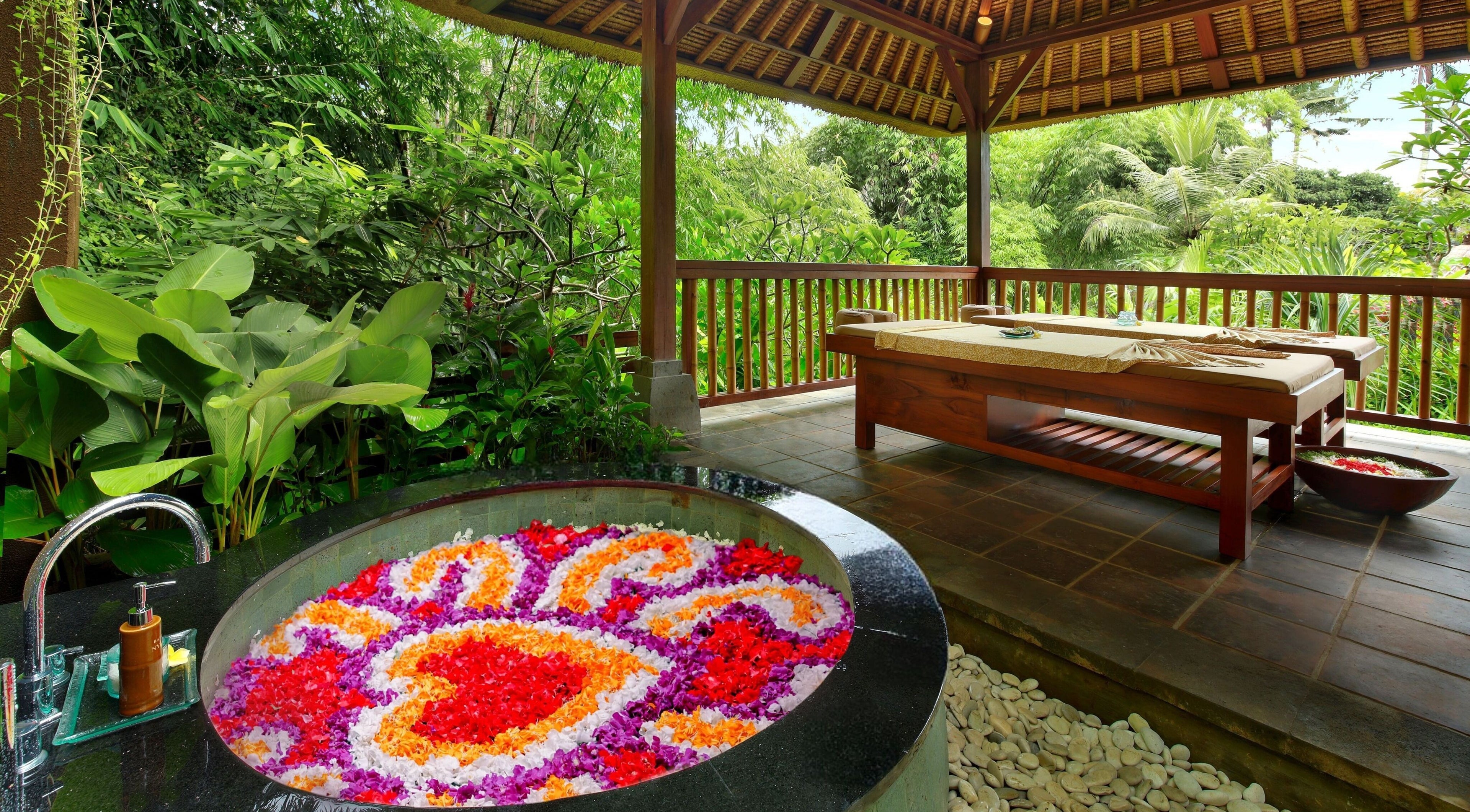 Luxurious spa setting with flower bath at Mahamaya Spa, Ubud Nyuh Bali Resort, Bali, Bali, ID.