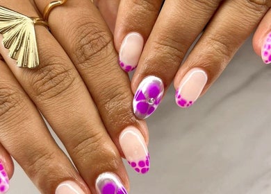 Stylish purple nail art at NAILSUNSHINE, Bali, Bali, ID, featuring intricate dot patterns.