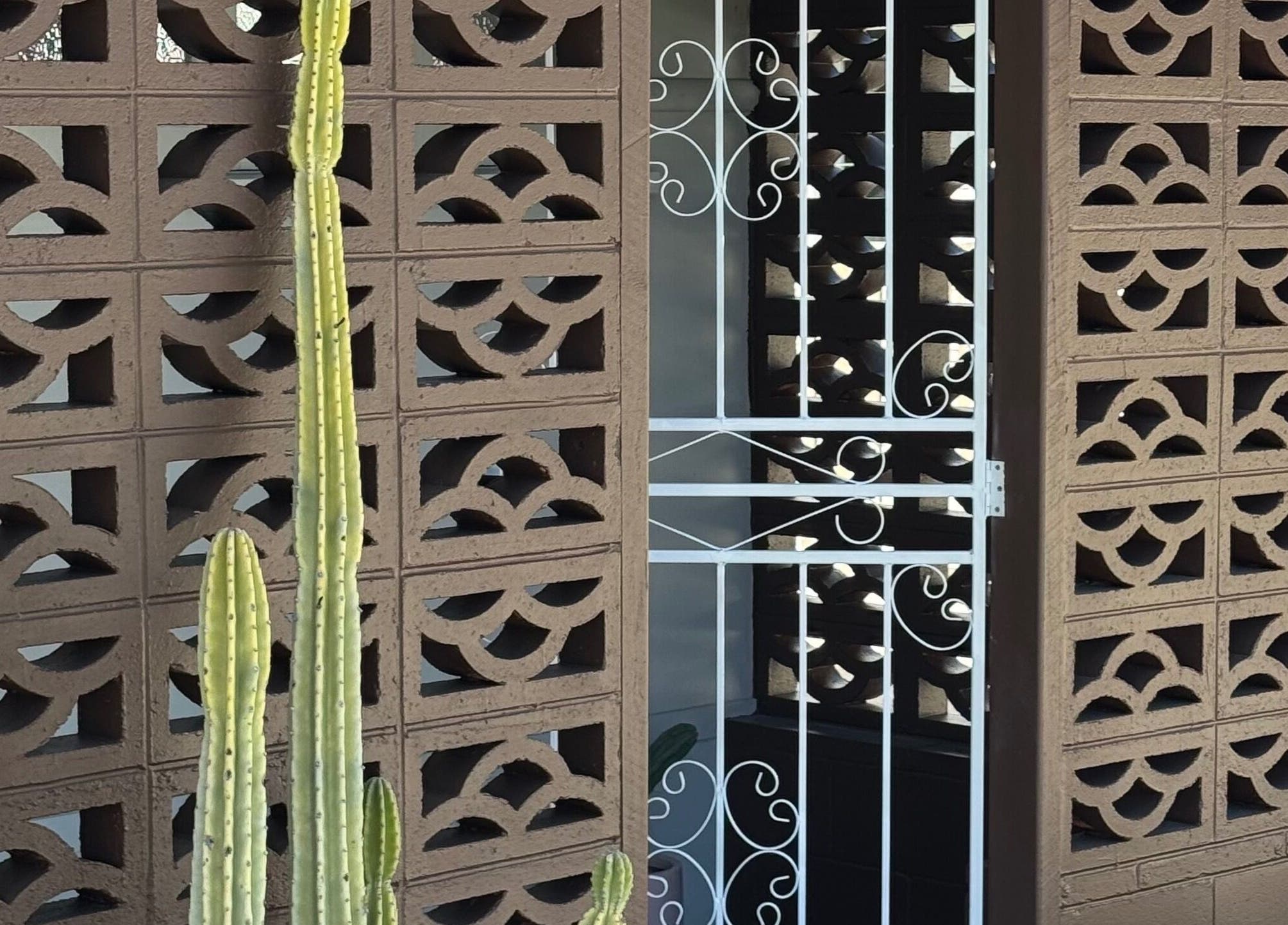 Entrance with geometric brick design and cactus at Sundae Hair, Caloundra, Queensland, AU.