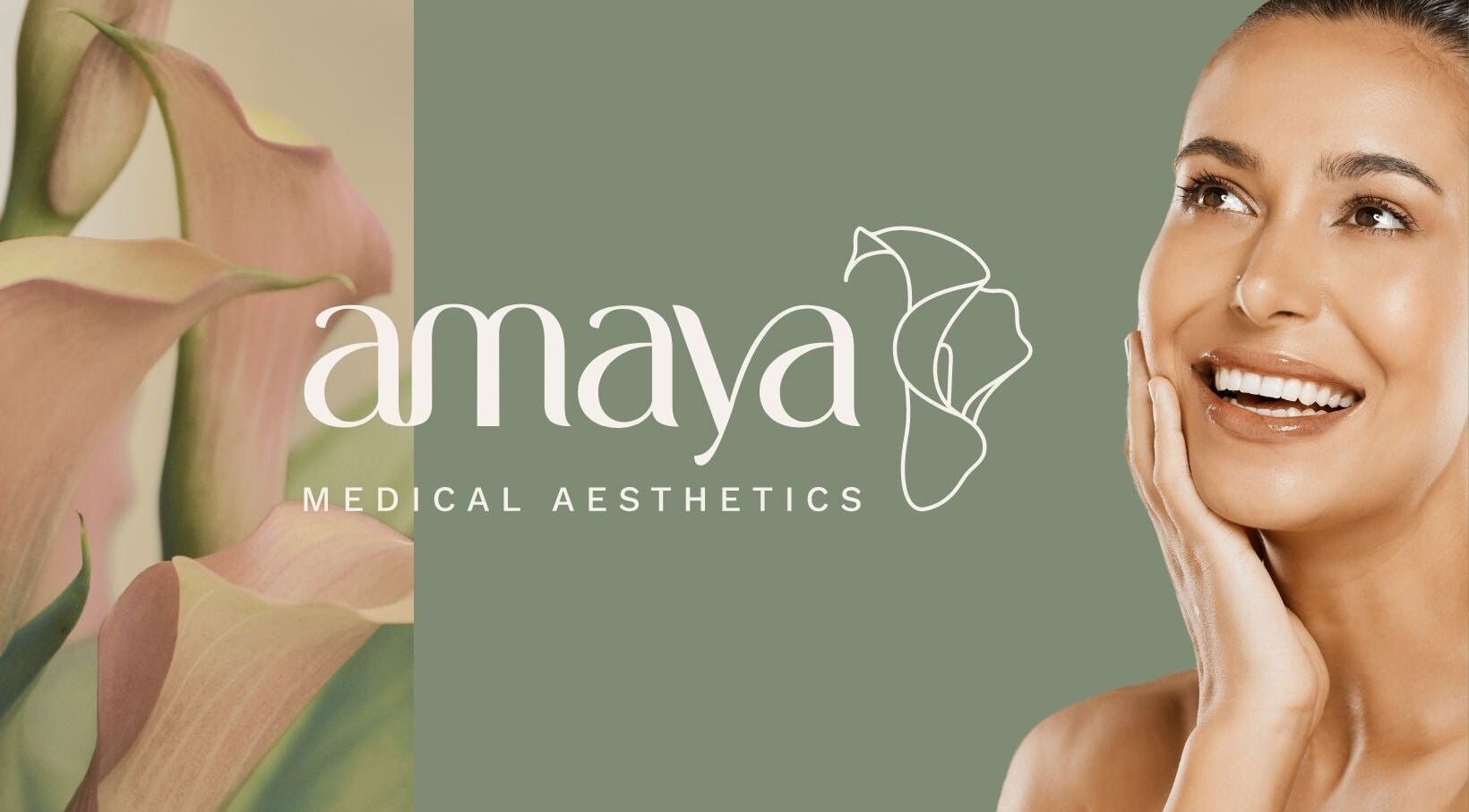 Amaya Medical Aesthetics logo next to a smiling woman, Cheltenham, England, GB.