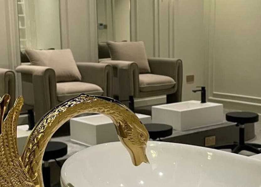 Luxurious interior of Baran Nail Bar with swan faucet in Seeb, Muscat Governorate, OM.