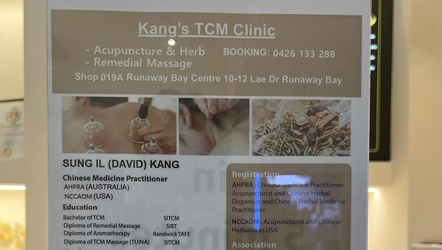 Kang's TCM Clinic brochure showcasing acupuncture and herbs in Runaway Bay, Queensland, AU.
