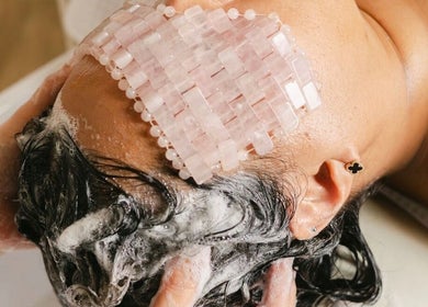 Relaxing scalp treatment at The Remedi Room, Wolverhampton, England, GB with soothing shampoo and crystal therapy.