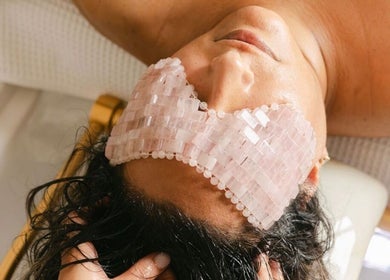 Relaxation therapy with rose quartz mask at The Remedi Room, Wolverhampton, England, GB.