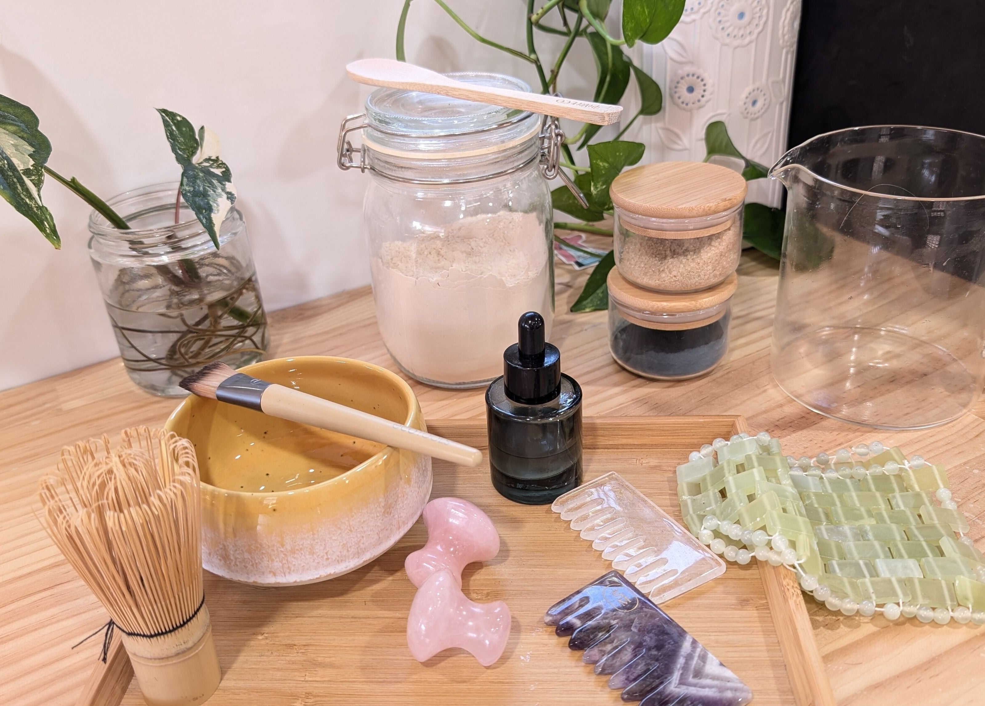 Beauty essentials at Hair NV by Jade in Heathridge, Western Australia, AU featuring brushes, oils, and jars.