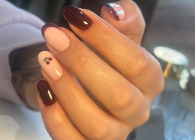 Cherry-themed nails by Nails by Hope Aphena at Vixie Beauty Melton, Melton Mowbray, England, GB.