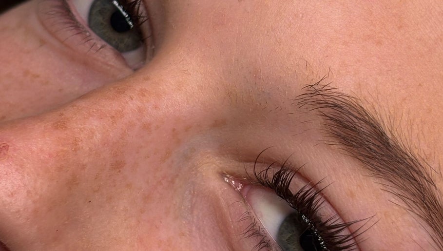 Close-up of groomed eyebrows and lashes at Lil Grace Beauty, Melbourne, Victoria, AU.