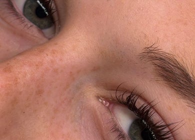 Close-up of groomed eyebrows and lashes at Lil Grace Beauty, Melbourne, Victoria, AU.