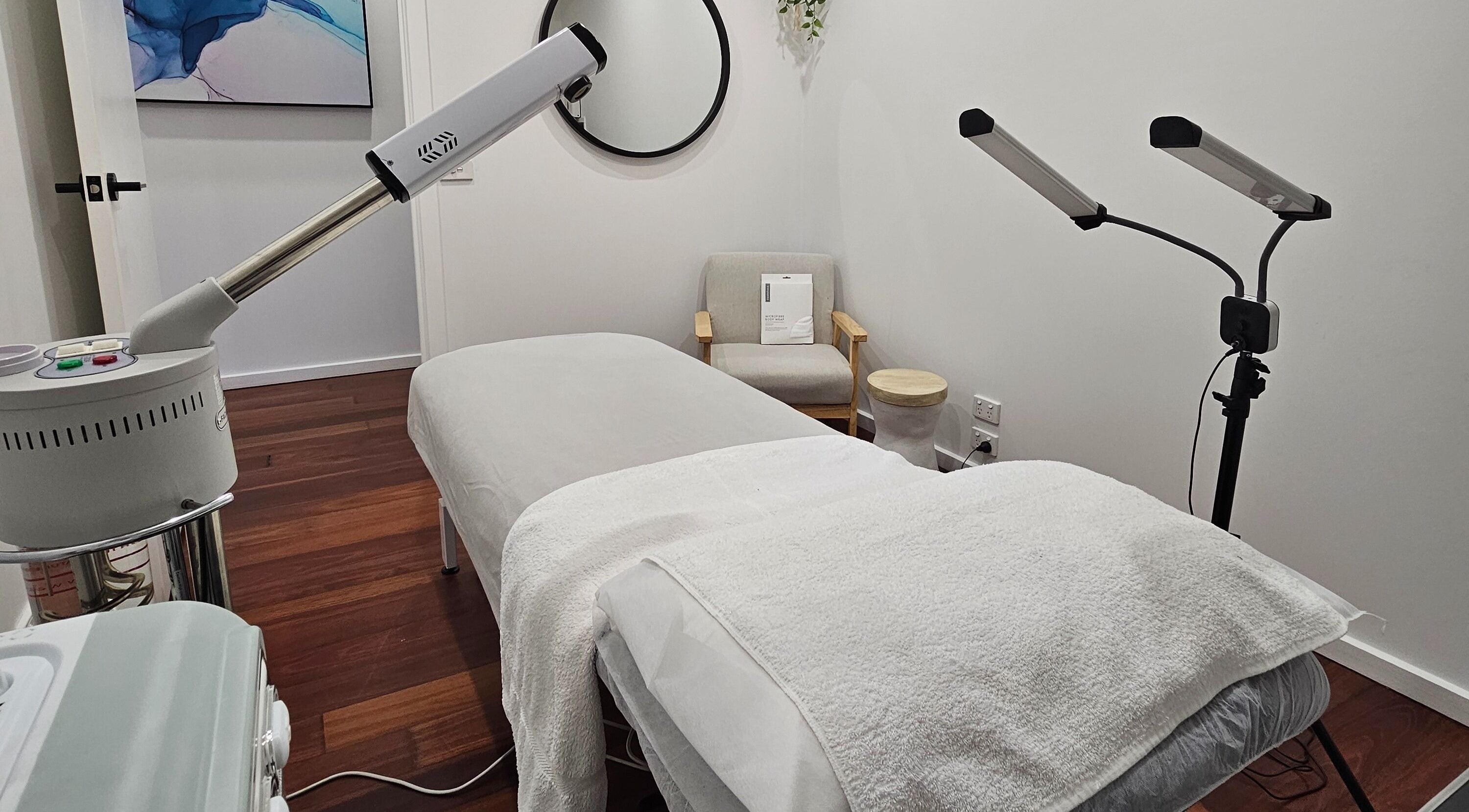 Calming treatment room at Premier Skin Aesthetic Clinic, Melbourne, Victoria, AU. Equipped with modern spa tools.