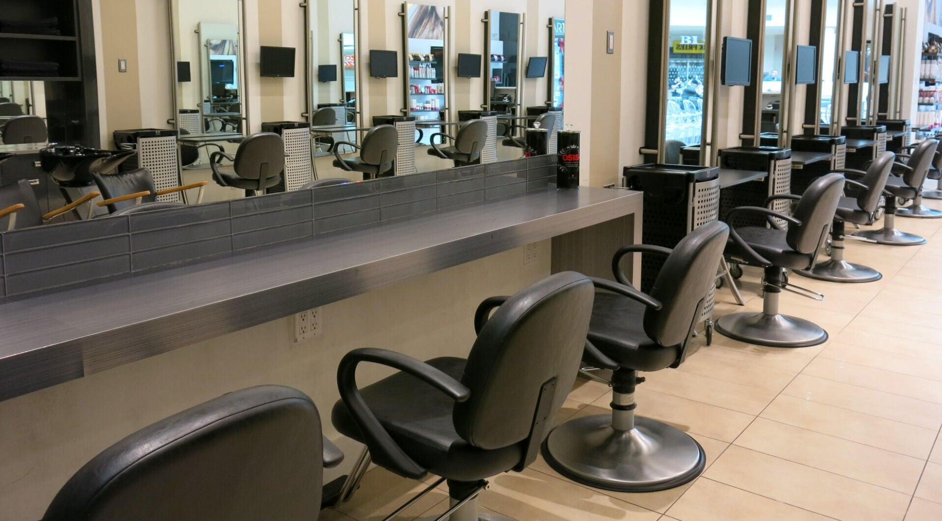 Modern styling chairs at Life Hair Studio in Toronto, Ontario, CA, ready for clients.
