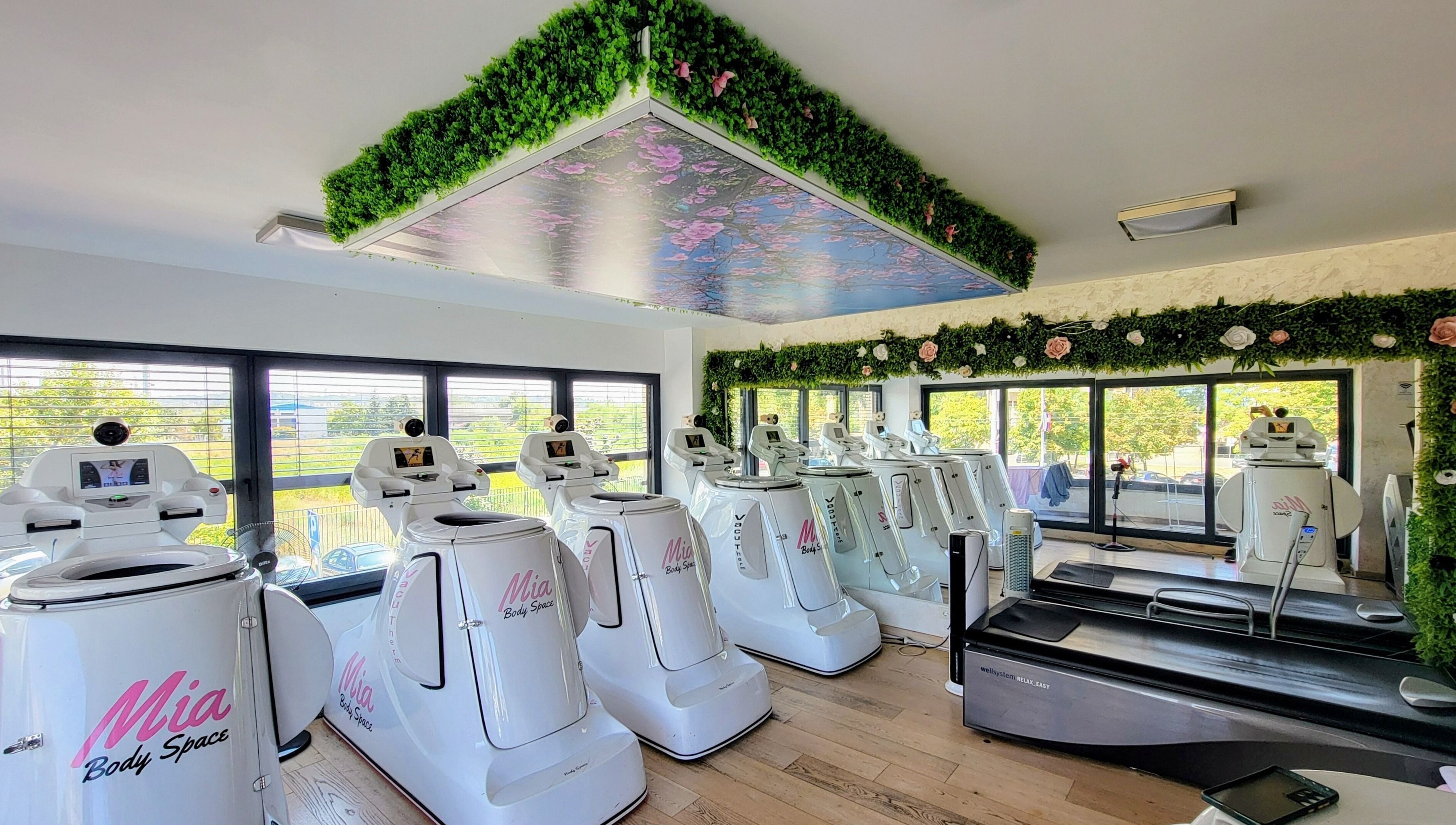 Modern fitness oprema unutar Mia Body Space Novi Beograd, Београд, RS s pogledom na prirodu.