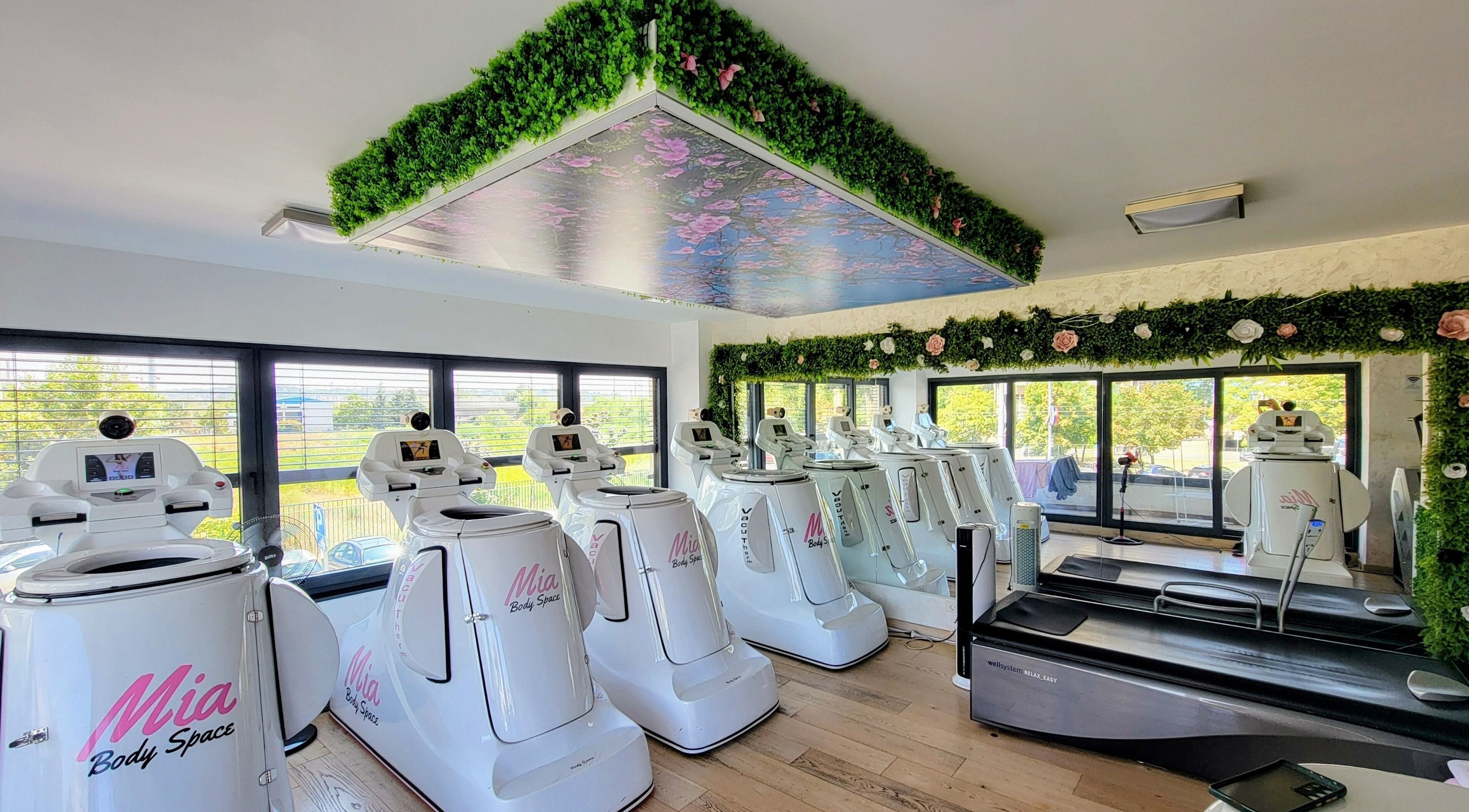 Modern fitness oprema unutar Mia Body Space Novi Beograd, Београд, RS s pogledom na prirodu.