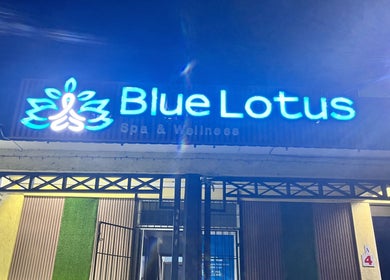 Blue Lotus Spa Gablewoods Mall entrance sign at night in Castries, Castries, LC.