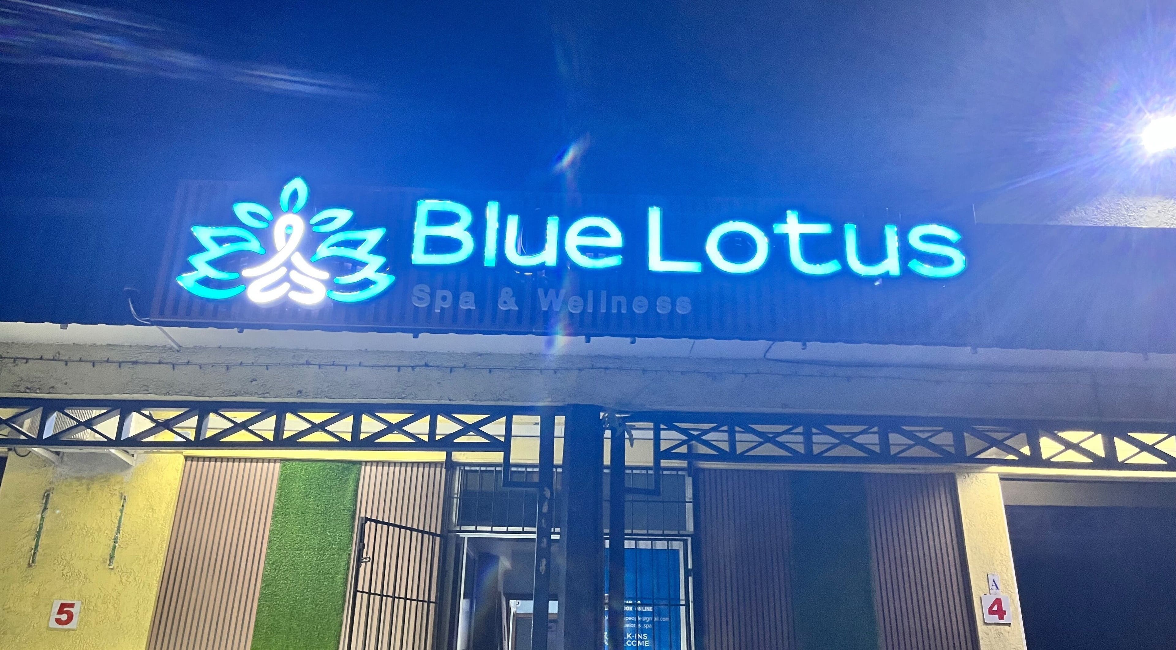 Blue Lotus Spa Gablewoods Mall entrance sign at night in Castries, Castries, LC.