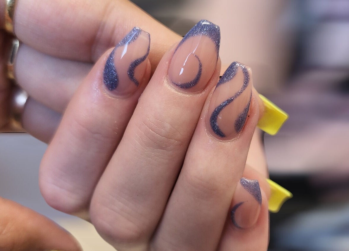 Stylish nail art with blue wave design at Hey Nails by Winn, Benowa, Queensland, AU.