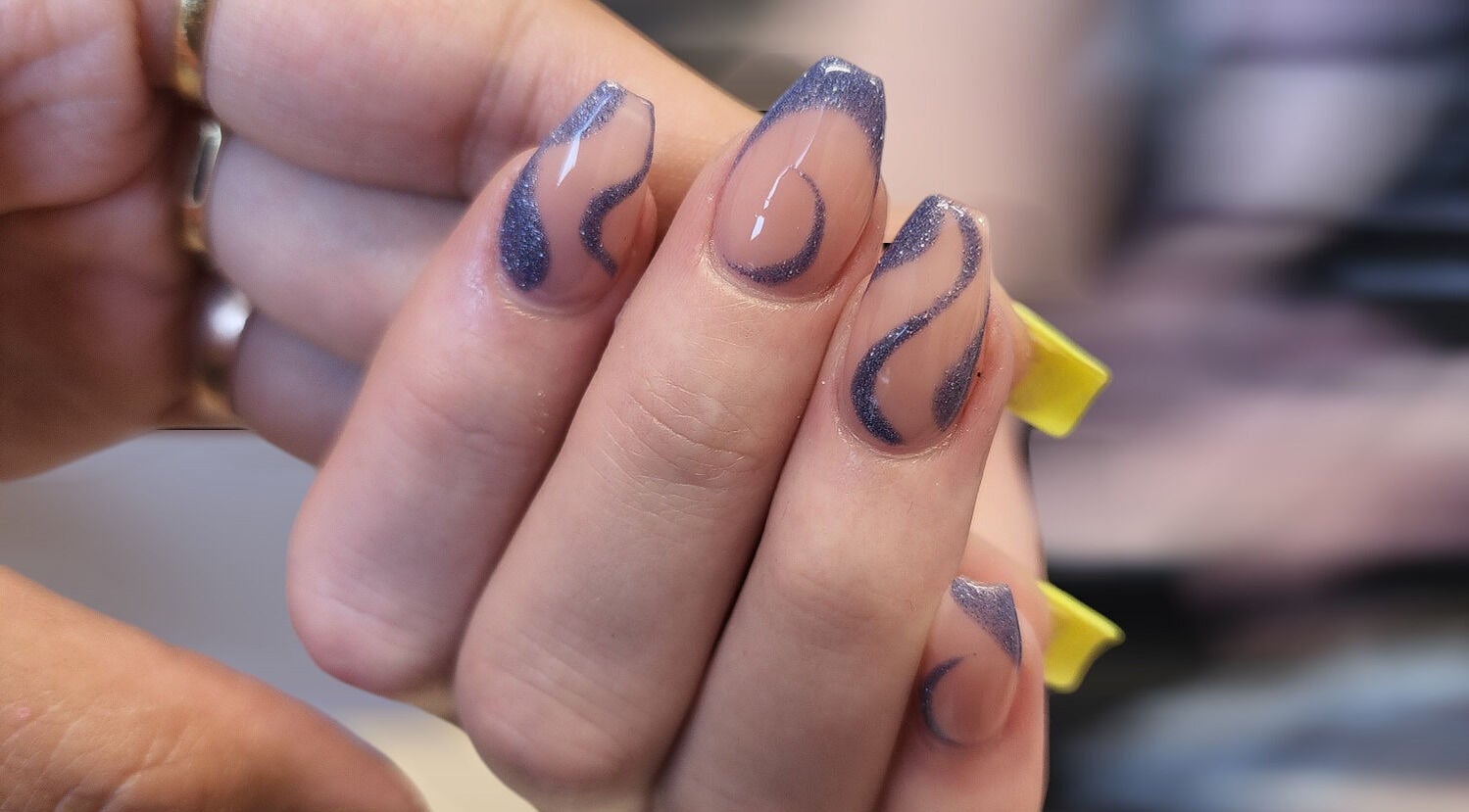 Stylish nail art with blue wave design at Hey Nails by Winn, Benowa, Queensland, AU.