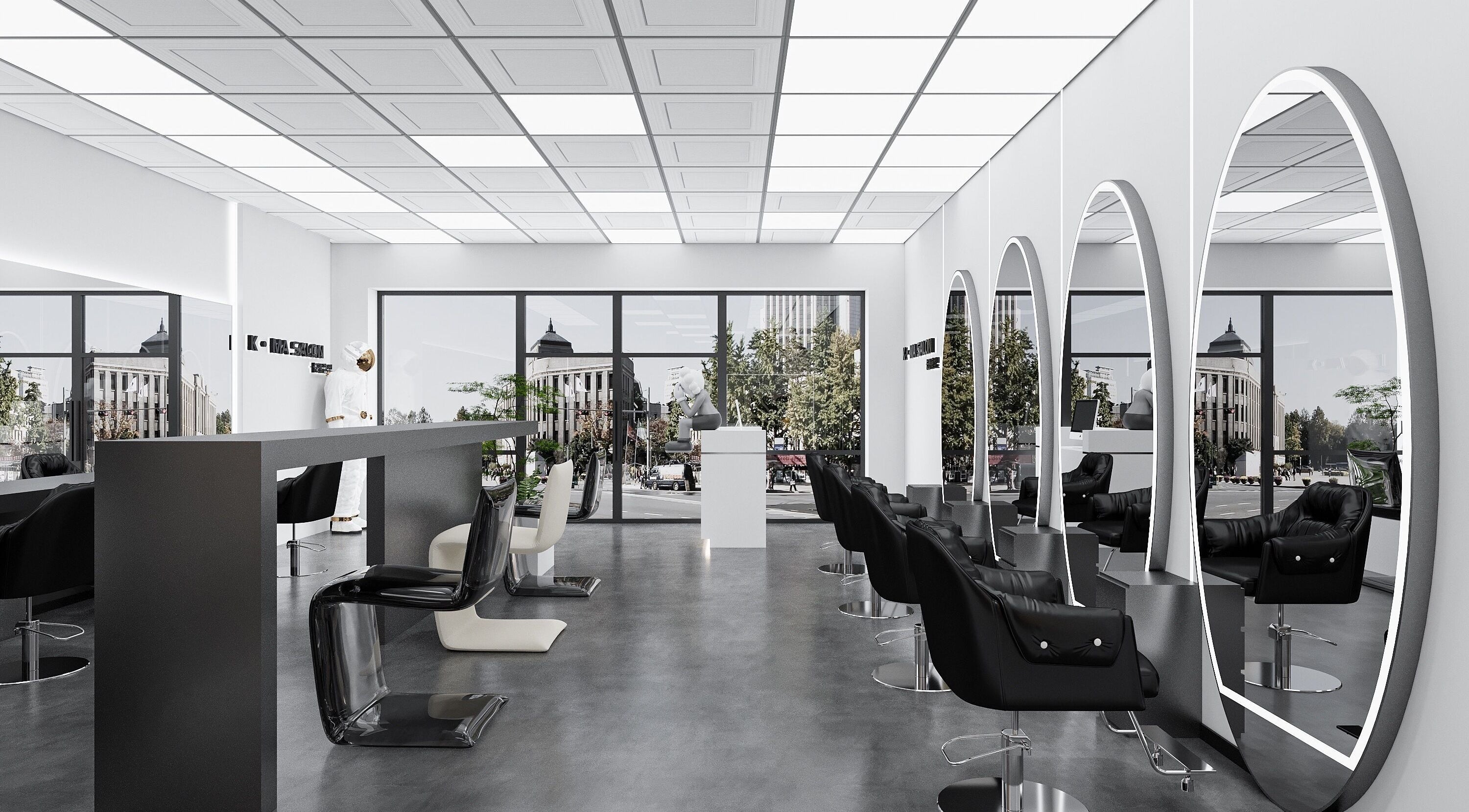 Interior of Kreative Manes Hair Salon, San Diego, California, US, showcasing sleek design and styling stations.