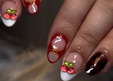 Stylish nail design at CW and Co, Melbourne, Victoria, AU showcasing creative 3D cherry elements.