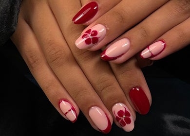 Lux Nails design with red floral patterns in Galway, County Galway, IE.